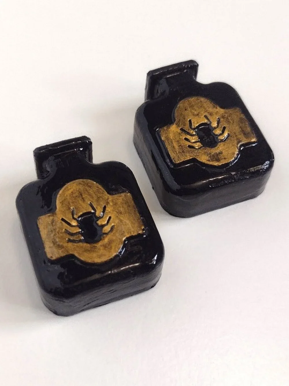 2 Black & Gold Gothic Halloween Apothecary Bottles, Spiders, Flat-back Hand-cast